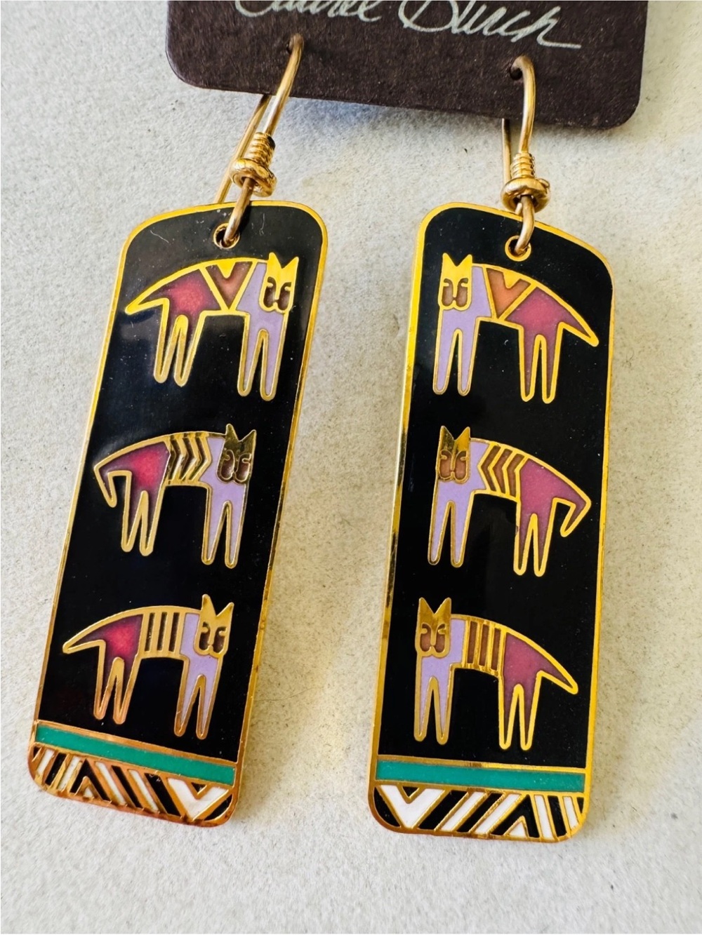 Vintage 1990 Laurel Burch Black HIEROGLYPHIC CATS Pierced Earrings on Orig. Card - Picture 9 of 10